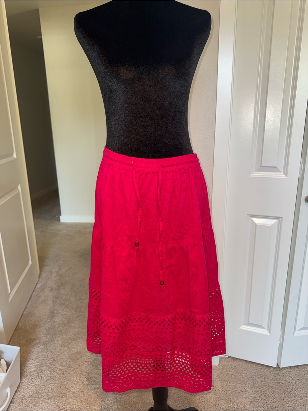 Bright Pink Eyelet Midi Skirt with Drawstring Waist